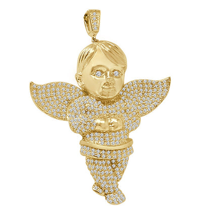 23+ Grams Real Sterling Silver Simulated Diamond Angel Praying Hands Religious Unisex Pendant Charm 2.5''