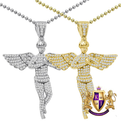 Real Genuine Sterling Silver Simulated Diamond Praying Hands Angel Unisex Religious Pendant Charm Chain Neckless Set 2.10''