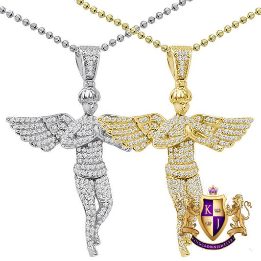 Real Genuine Sterling Silver Simulated Diamond Praying Hands Angel Unisex Religious Pendant Charm Chain Neckless Set 2.10''