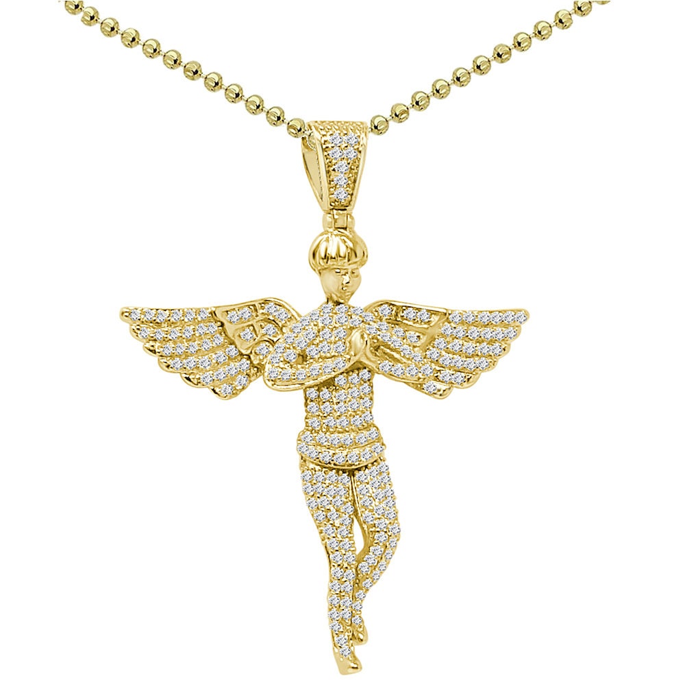 Real Genuine Sterling Silver Simulated Diamond Praying Hands Angel Unisex Religious Pendant Charm Chain Neckless Set 2.10''