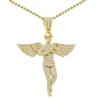 Real Genuine Sterling Silver Simulated Diamond Praying Hands Angel Unisex Religious Pendant Charm Chain Neckless Set 2.10''