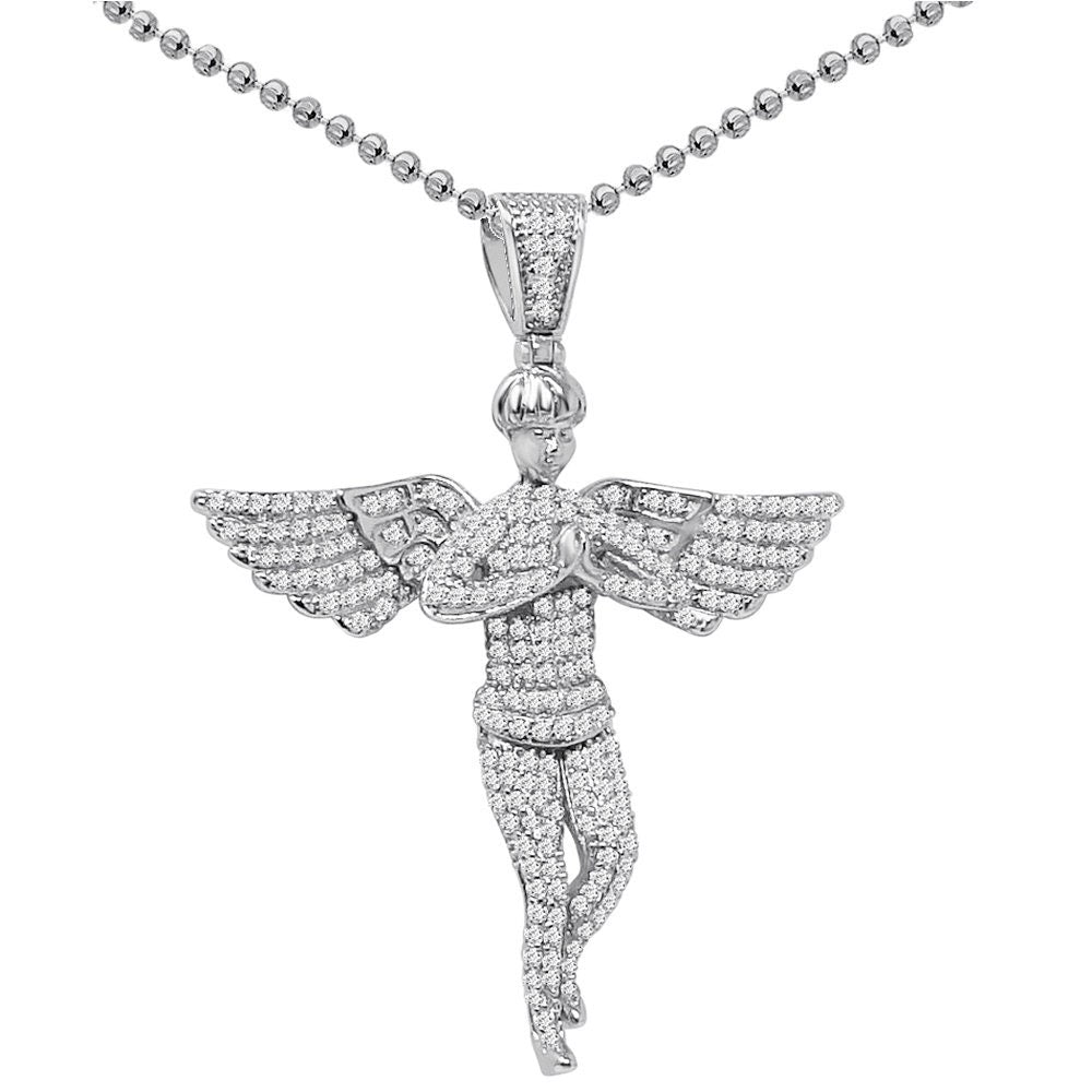 Real Genuine Sterling Silver Simulated Diamond Praying Hands Angel Unisex Religious Pendant Charm Chain Neckless Set 2.10''