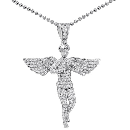 Real Genuine Sterling Silver Simulated Diamond Praying Hands Angel Unisex Religious Pendant Charm Chain Neckless Set 2.10''
