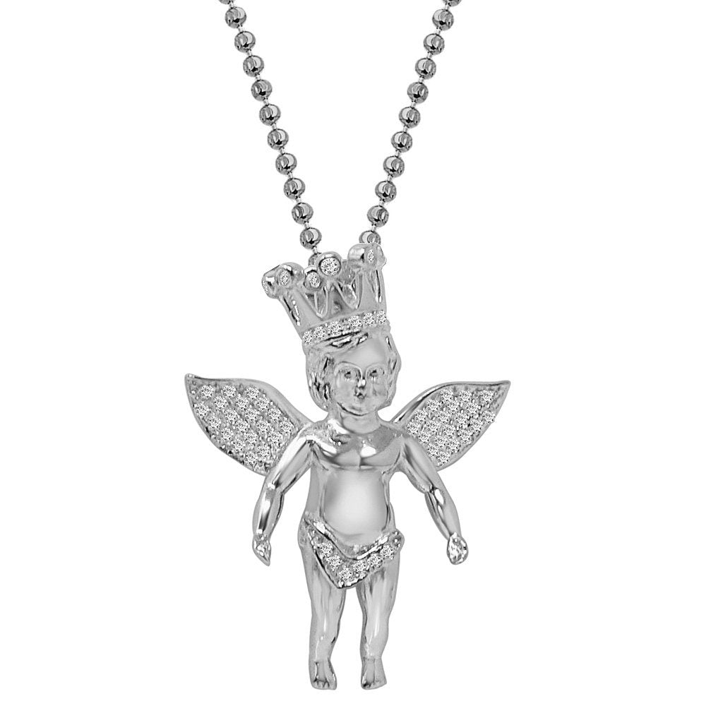 Authentic Real Genuine Sterling Silver Simulated Diamond Baby Angel Crown Face Unisex Religious Pendant Charm Chain Neckless Set 1.75''