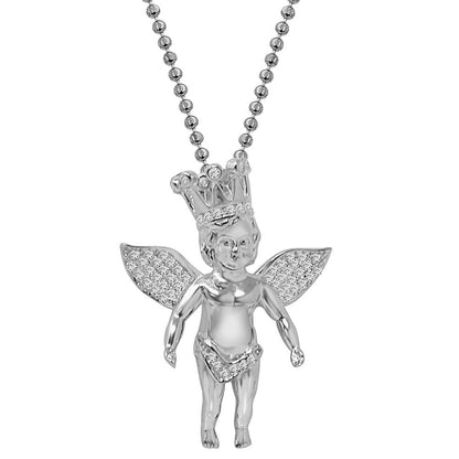 Authentic Real Genuine Sterling Silver Simulated Diamond Baby Angel Crown Face Unisex Religious Pendant Charm Chain Neckless Set 1.75''