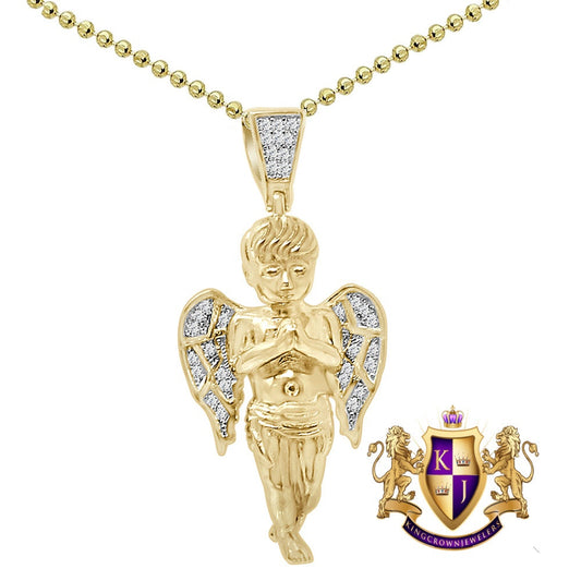 Unisex Authentic Real Sterling Silver Simulated Diamond Baby Angel Praying Hands Religious Pendant Charm Chain Neckless Set Small 1.80''