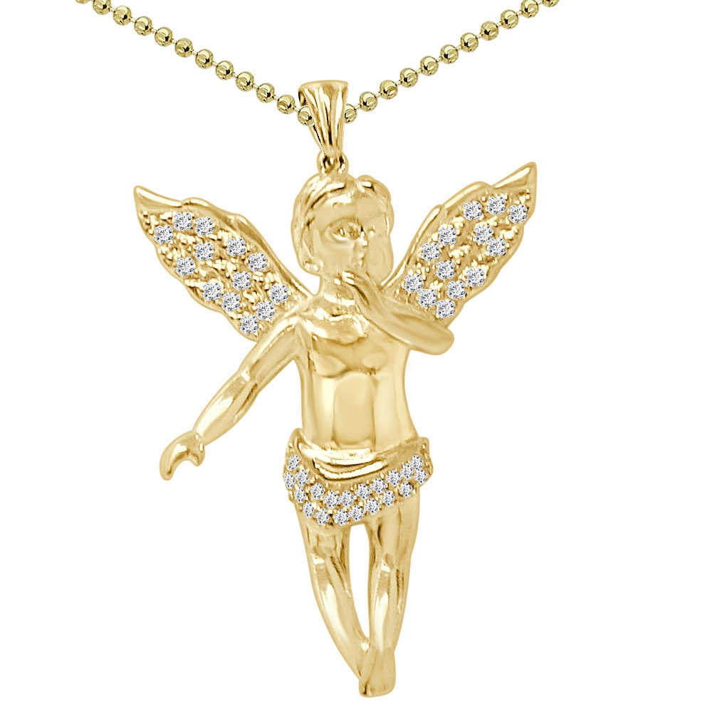 18+ Grams 1.90'' Authentic Real Genuine Sterling Silver 1.00 Cwt. Simulated Diamond Angel Wings Religious Pendant Charm Chain Neckless Set