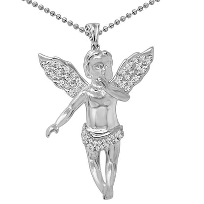 18+ Grams 1.90'' Authentic Real Genuine Sterling Silver 1.00 Cwt. Simulated Diamond Angel Wings Religious Pendant Charm Chain Neckless Set