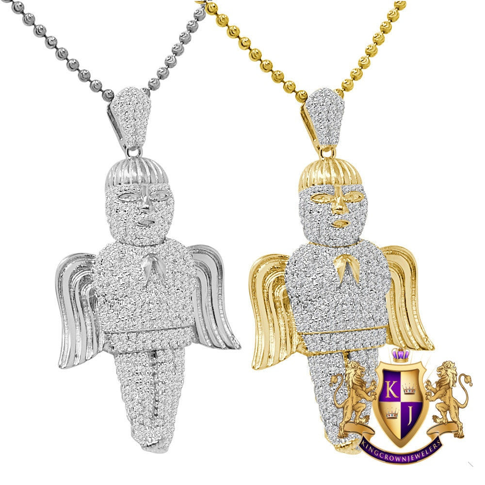 23+ Grams 2.30'' Authentic Real Genuine Sterling Silver 1.00 Cwt. Simulated Diamond Angel Wings Religious Pendant Charm Chain Neckless Set