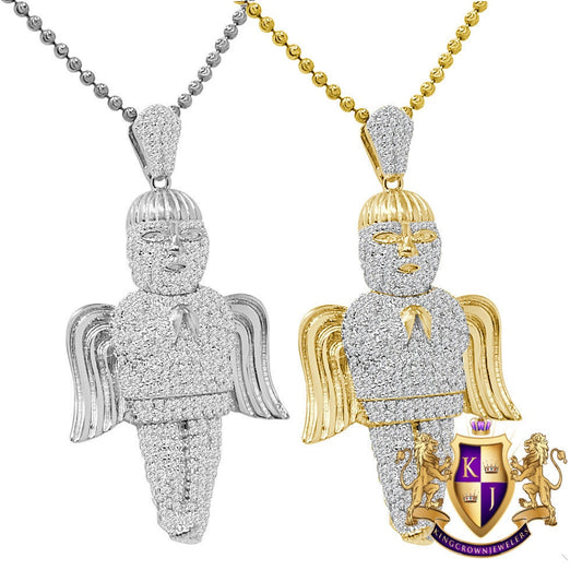23+ Grams 2.30'' Authentic Real Genuine Sterling Silver 1.00 Cwt. Simulated Diamond Angel Wings Religious Pendant Charm Chain Neckless Set