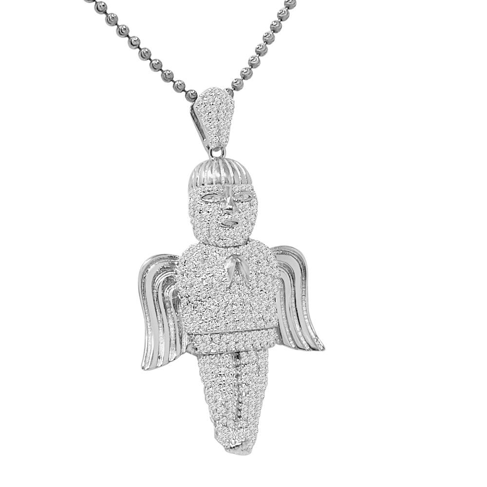 23+ Grams 2.30'' Authentic Real Genuine Sterling Silver 1.00 Cwt. Simulated Diamond Angel Wings Religious Pendant Charm Chain Neckless Set