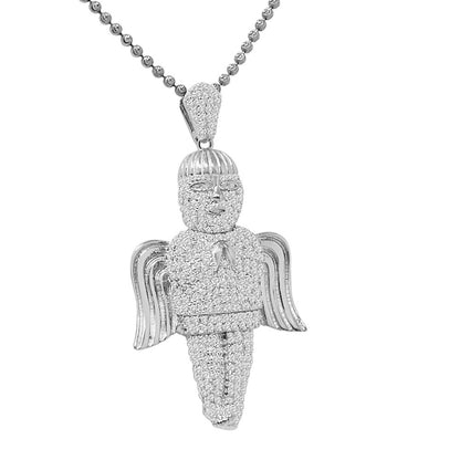 23+ Grams 2.30'' Authentic Real Genuine Sterling Silver 1.00 Cwt. Simulated Diamond Angel Wings Religious Pendant Charm Chain Neckless Set