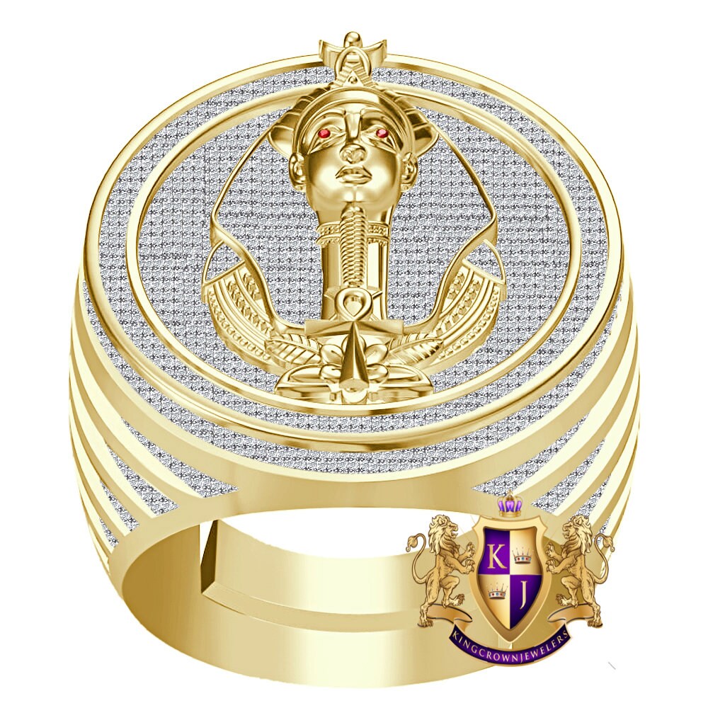 Men's Real Genuine 1.75 Cwt. VVS1 Natural MOISSANITE Diamond Egyptian King Tut Pharaoh Ankh Cross Ring 10K Solid Gold Over Band Big 22mm