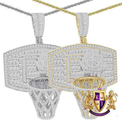 3D Baguette Real Italian Sterling Silver 25+ Grams 2.00 Ct. Simulated Diamond 14k Gold Over Basketball Hoop Charm Pendant Chain Neckless Set