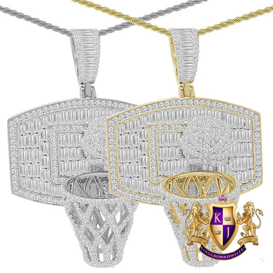 3D Baguette Real Italian Sterling Silver 25+ Grams 2.00 Ct. Simulated Diamond 14k Gold Over Basketball Hoop Charm Pendant Chain Neckless Set