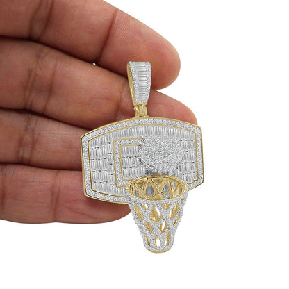 3D Baguette Real Italian Sterling Silver 25+ Grams 2.00 Ct. Simulated Diamond 14k Gold Over Basketball Hoop Charm Pendant Chain Neckless Set