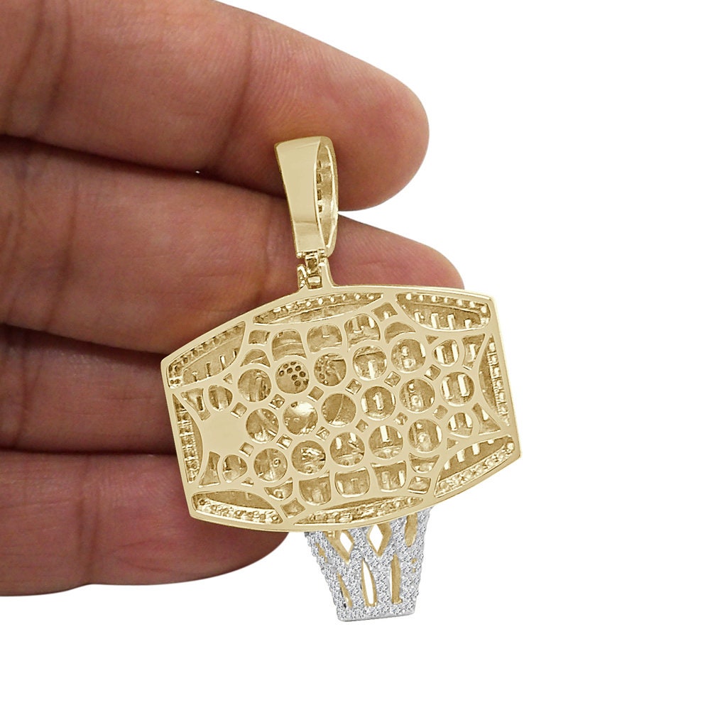 3D Baguette Real Italian Sterling Silver 25+ Grams 2.00 Ct. Simulated Diamond 14k Gold Over Basketball Hoop Charm Pendant Chain Neckless Set