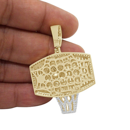 3D Baguette Real Italian Sterling Silver 25+ Grams 2.00 Ct. Simulated Diamond 14k Gold Over Basketball Hoop Charm Pendant Chain Neckless Set