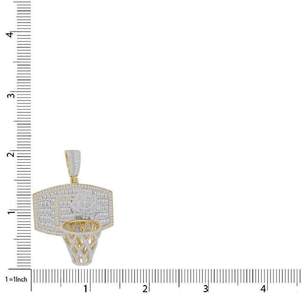 3D Baguette Real Italian Sterling Silver 25+ Grams 2.00 Ct. Simulated Diamond 14k Gold Over Basketball Hoop Charm Pendant Chain Neckless Set