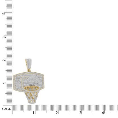 3D Baguette Real Italian Sterling Silver 25+ Grams 2.00 Ct. Simulated Diamond 14k Gold Over Basketball Hoop Charm Pendant Chain Neckless Set