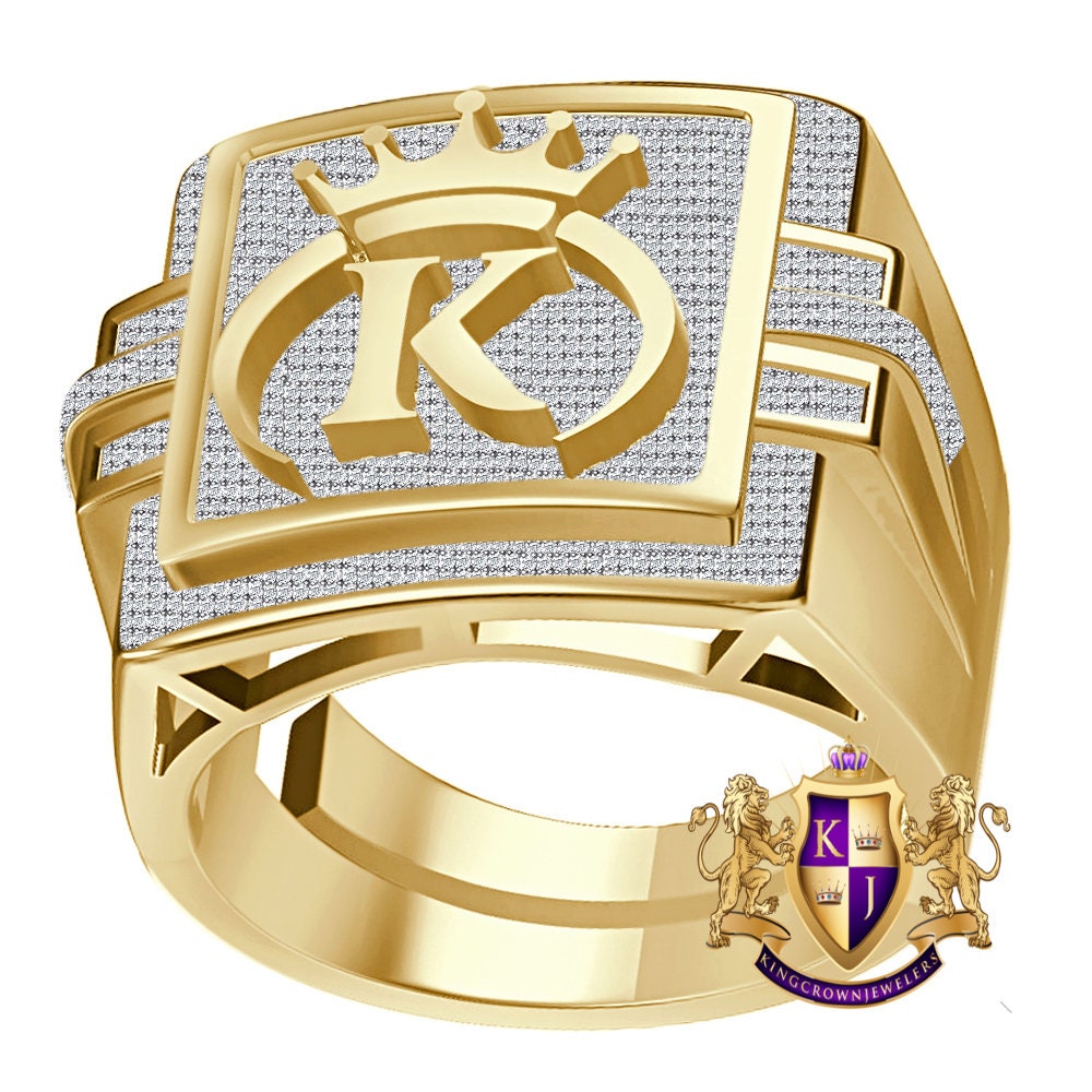 Men's Genuine Authentic 1.25 Cwt. VVS1 Natural MOISSANITE Diamond Initial Letter Alphabet "K" Royal King Crown Face 10K Gold Over Ring Band