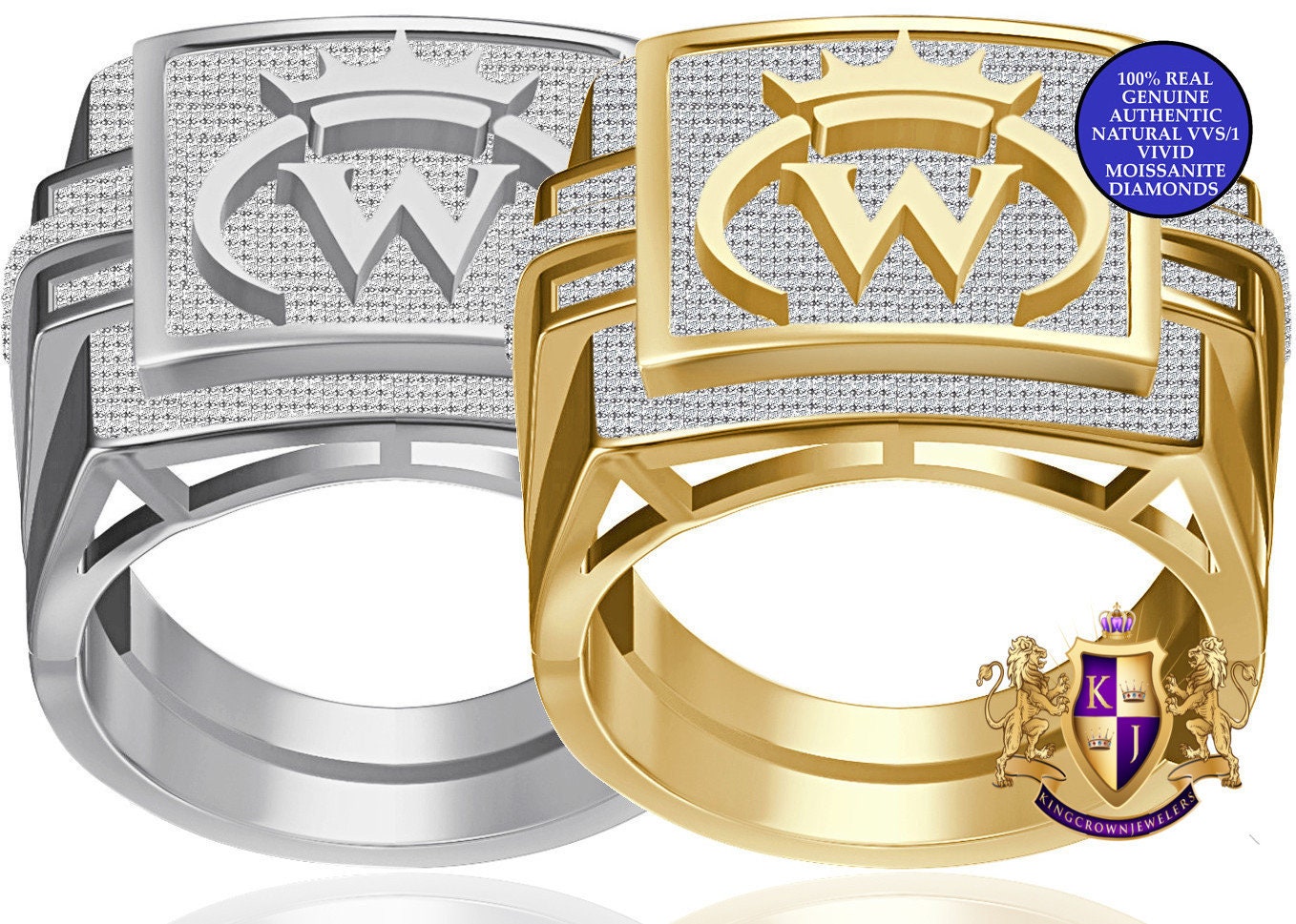 Men's Genuine Authentic 1.25 Cwt. VVS1 Natural MOISSANITE Diamond Initial Letter Alphabet "W" Royal King Crown Face Ring 10K Gold Over Band