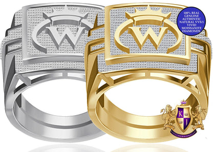 Men's Genuine Authentic 1.25 Cwt. VVS1 Natural MOISSANITE Diamond Initial Letter Alphabet "W" Royal King Crown Face Ring 10K Gold Over Band