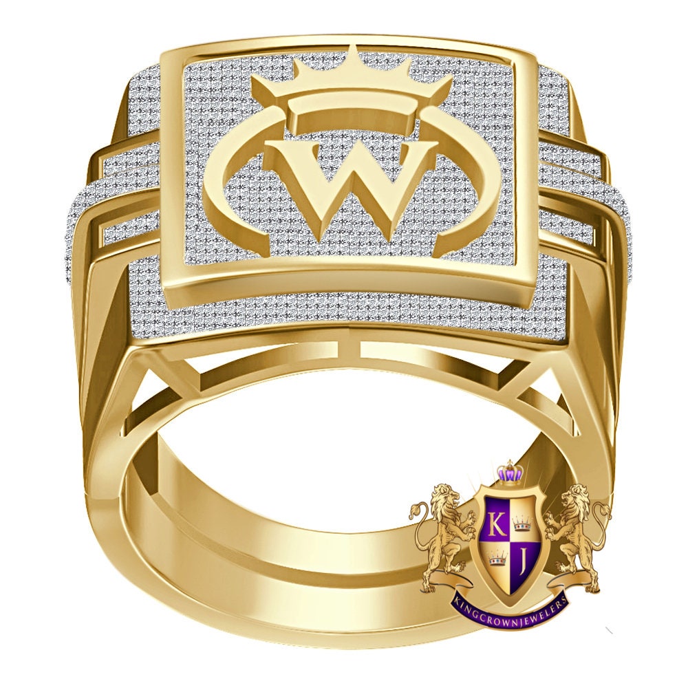 Men's Genuine Authentic 1.25 Cwt. VVS1 Natural MOISSANITE Diamond Initial Letter Alphabet "W" Royal King Crown Face Ring 10K Gold Over Band