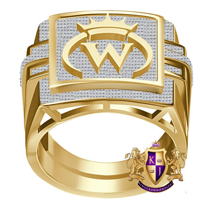 Men's Genuine Authentic 1.25 Cwt. VVS1 Natural MOISSANITE Diamond Initial Letter Alphabet "W" Royal King Crown Face Ring 10K Gold Over Band