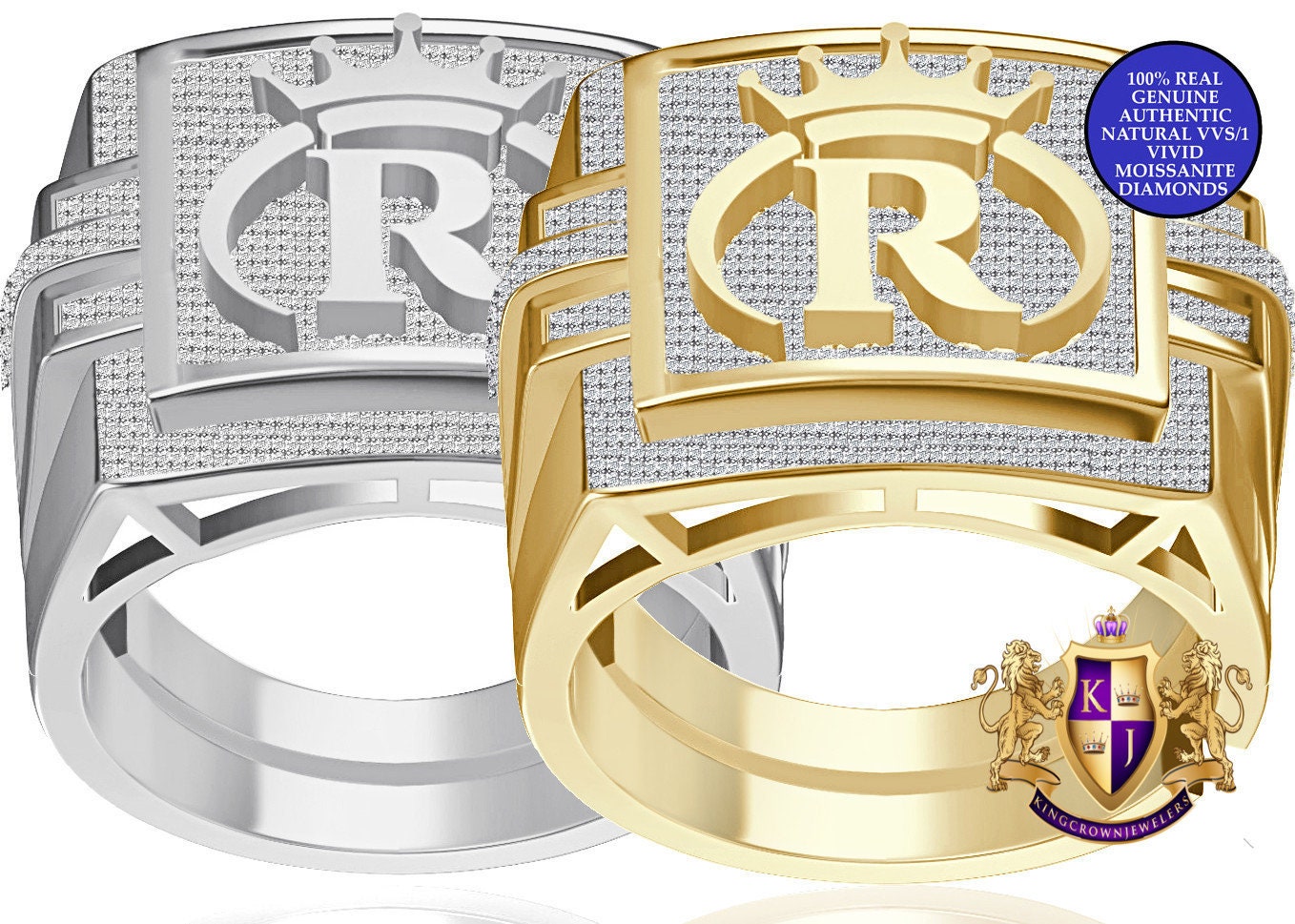 Men's Real Genuine Authentic 1.25 Cwt. VVS1 Natural MOISSANITE Diamond Initial Letter Alphabet "R" Crown Face Ring 10K Gold On Band Big 22mm