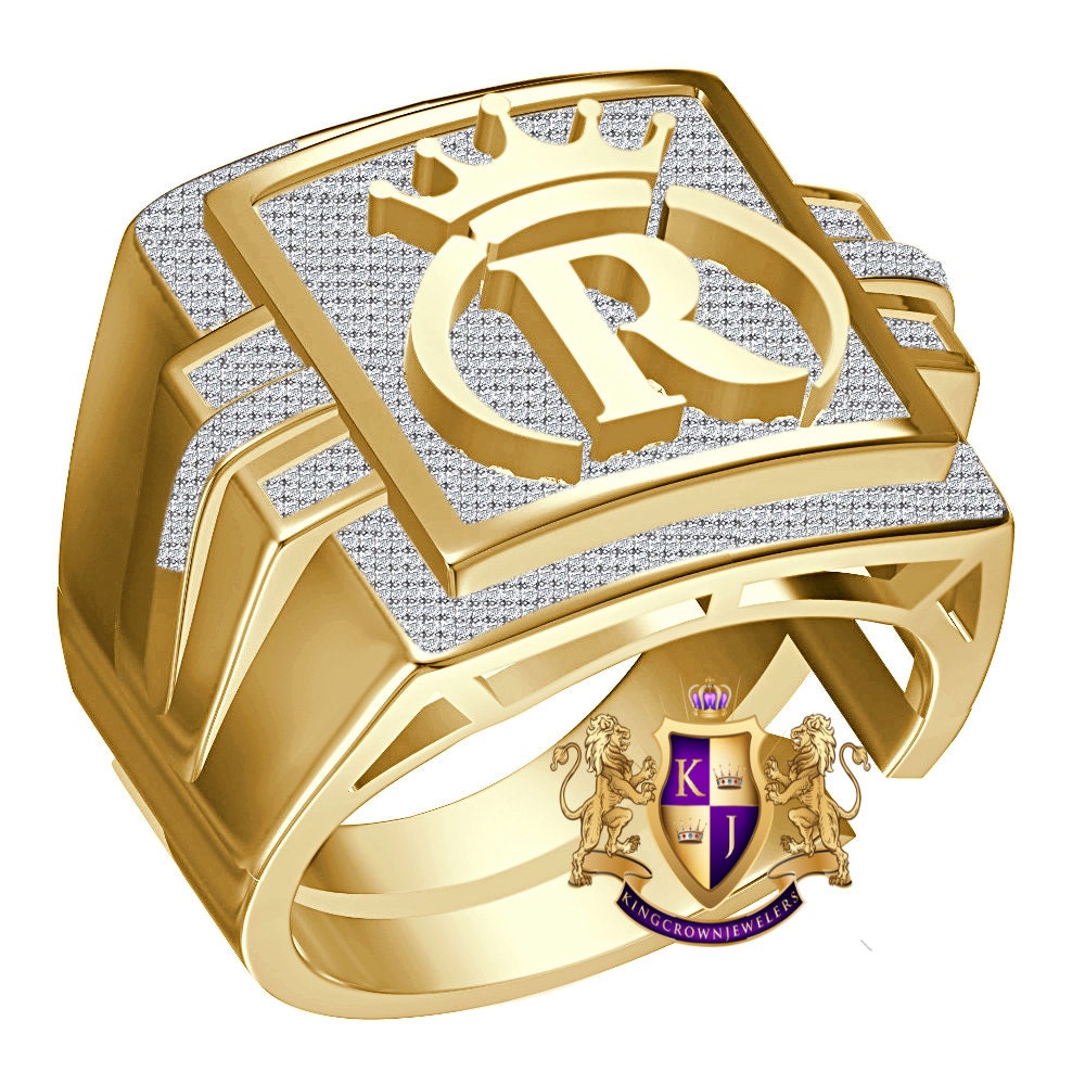 Men's Real Genuine Authentic 1.25 Cwt. VVS1 Natural MOISSANITE Diamond Initial Letter Alphabet "R" Crown Face Ring 10K Gold On Band Big 22mm