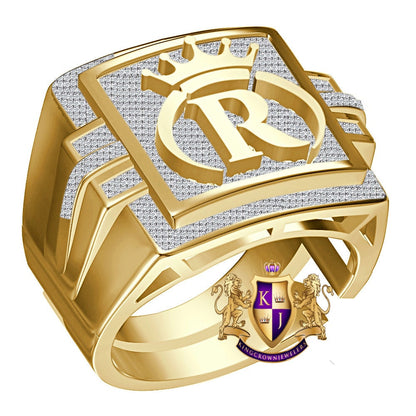 Men's Real Genuine Authentic 1.25 Cwt. VVS1 Natural MOISSANITE Diamond Initial Letter Alphabet "R" Crown Face Ring 10K Gold On Band Big 22mm