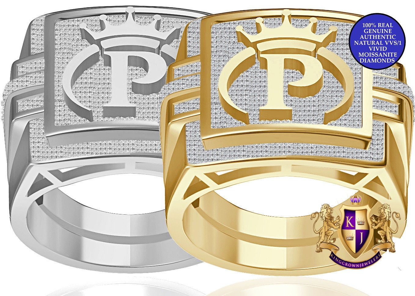 Men's Real Genuine Authentic 1.25 Cwt. VVS1 Natural MOISSANITE Diamond Initial Letter Alphabet "P" Crown Face Ring 10K Gold On Band Big 22mm