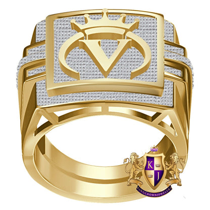 Men's Real Genuine Authentic 1.25 Cwt. VVS1 Natural MOISSANITE Diamond Initial Letter Alphabet "V" Crown Face Ring 10K Gold On Band Big 22mm