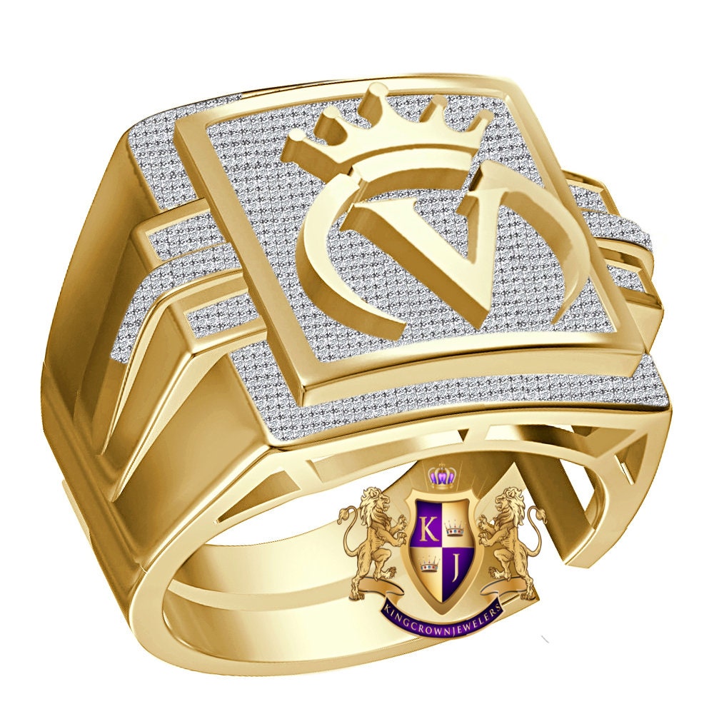 Men's Real Genuine Authentic 1.25 Cwt. VVS1 Natural MOISSANITE Diamond Initial Letter Alphabet "V" Crown Face Ring 10K Gold On Band Big 22mm