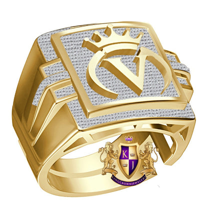 Men's Real Genuine Authentic 1.25 Cwt. VVS1 Natural MOISSANITE Diamond Initial Letter Alphabet "V" Crown Face Ring 10K Gold On Band Big 22mm