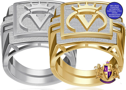 Men's Real Genuine Authentic 1.25 Cwt. VVS1 Natural MOISSANITE Diamond Initial Letter Alphabet "V" Crown Face Ring 10K Gold On Band Big 22mm