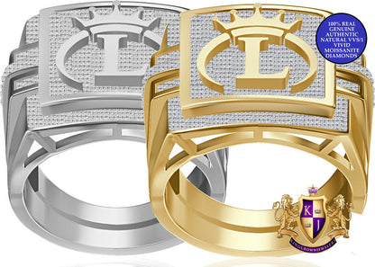 Men's Real Genuine Authentic 1.25 Cwt. VVS1 Natural MOISSANITE Diamond Initial Letter Alphabet "L" Crown Face Ring 10K Gold On Band Big 22mm