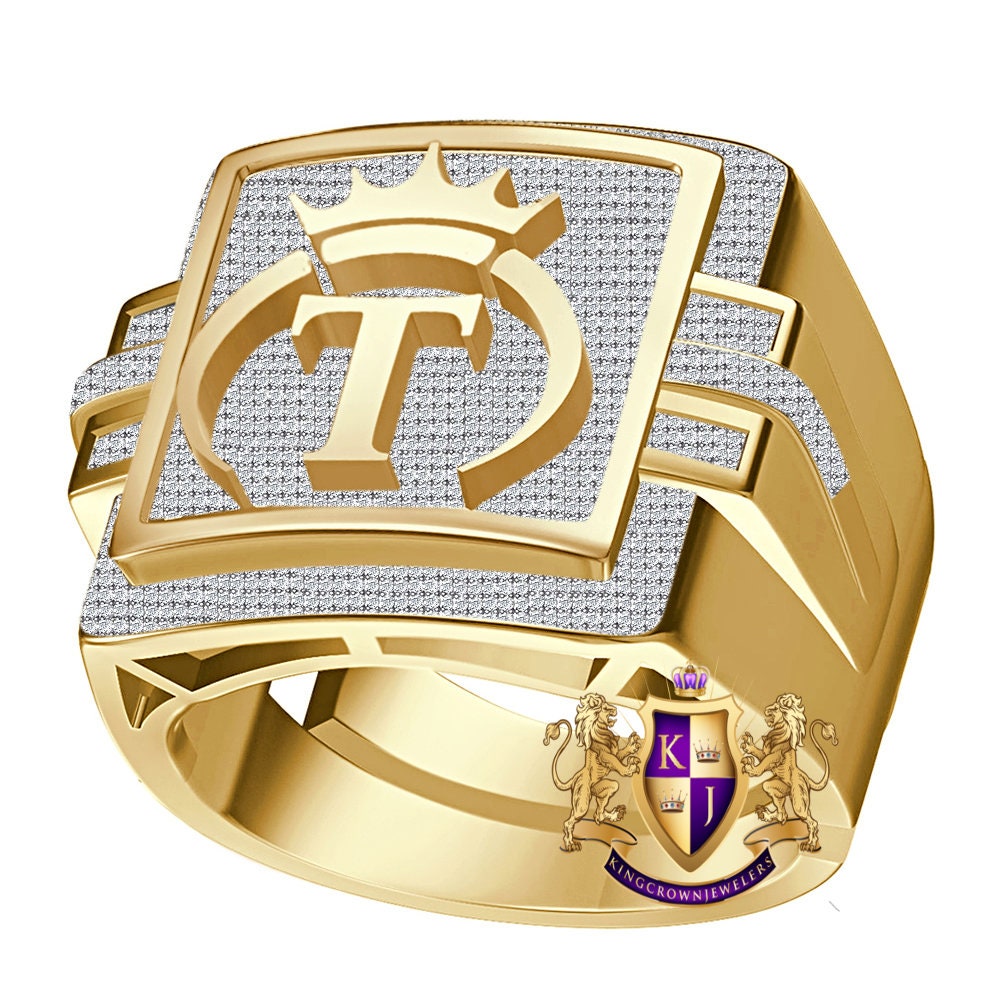 Men's Genuine Authentic 1.25 Cwt. VVS1 Natural MOISSANITE Diamond Initial Letter Alphabet "T" Royal Face King Crown 10K Gold Over Ring Band