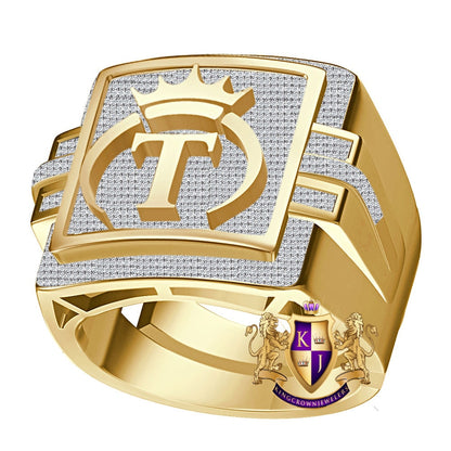 Men's Genuine Authentic 1.25 Cwt. VVS1 Natural MOISSANITE Diamond Initial Letter Alphabet "T" Royal Face King Crown 10K Gold Over Ring Band