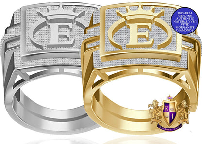 Men's Genuine Authentic 1.25 Cwt. VVS1 Natural MOISSANITE Diamond Initial Letter Alphabet "E" Royal King Crown Face Ring 10K Gold Over Band