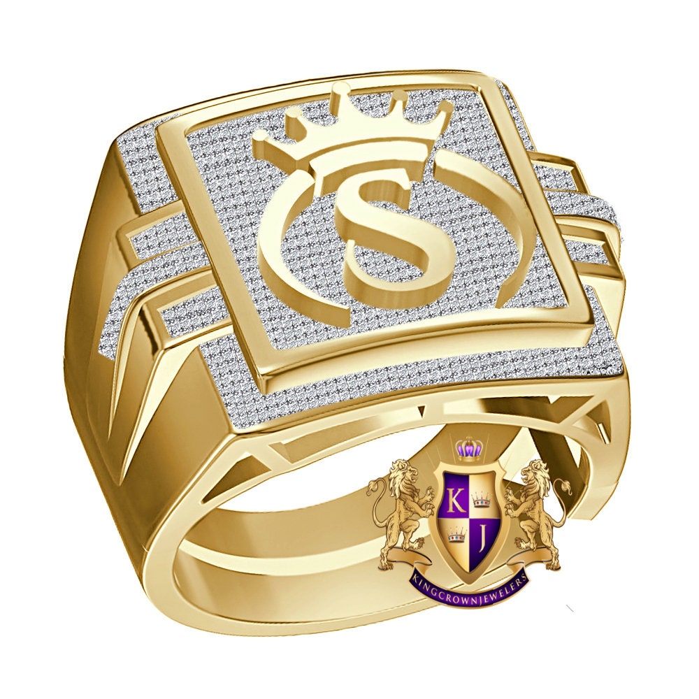 Men's Genuine Authentic 1.25 Cwt. VVS1 Natural MOISSANITE Diamond Initial Letter Alphabet "S" Royal King Crown Face 10K Gold Over Ring Band