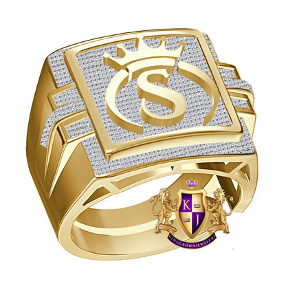 Men's Genuine Authentic 1.25 Cwt. VVS1 Natural MOISSANITE Diamond Initial Letter Alphabet "S" Royal King Crown Face 10K Gold Over Ring Band