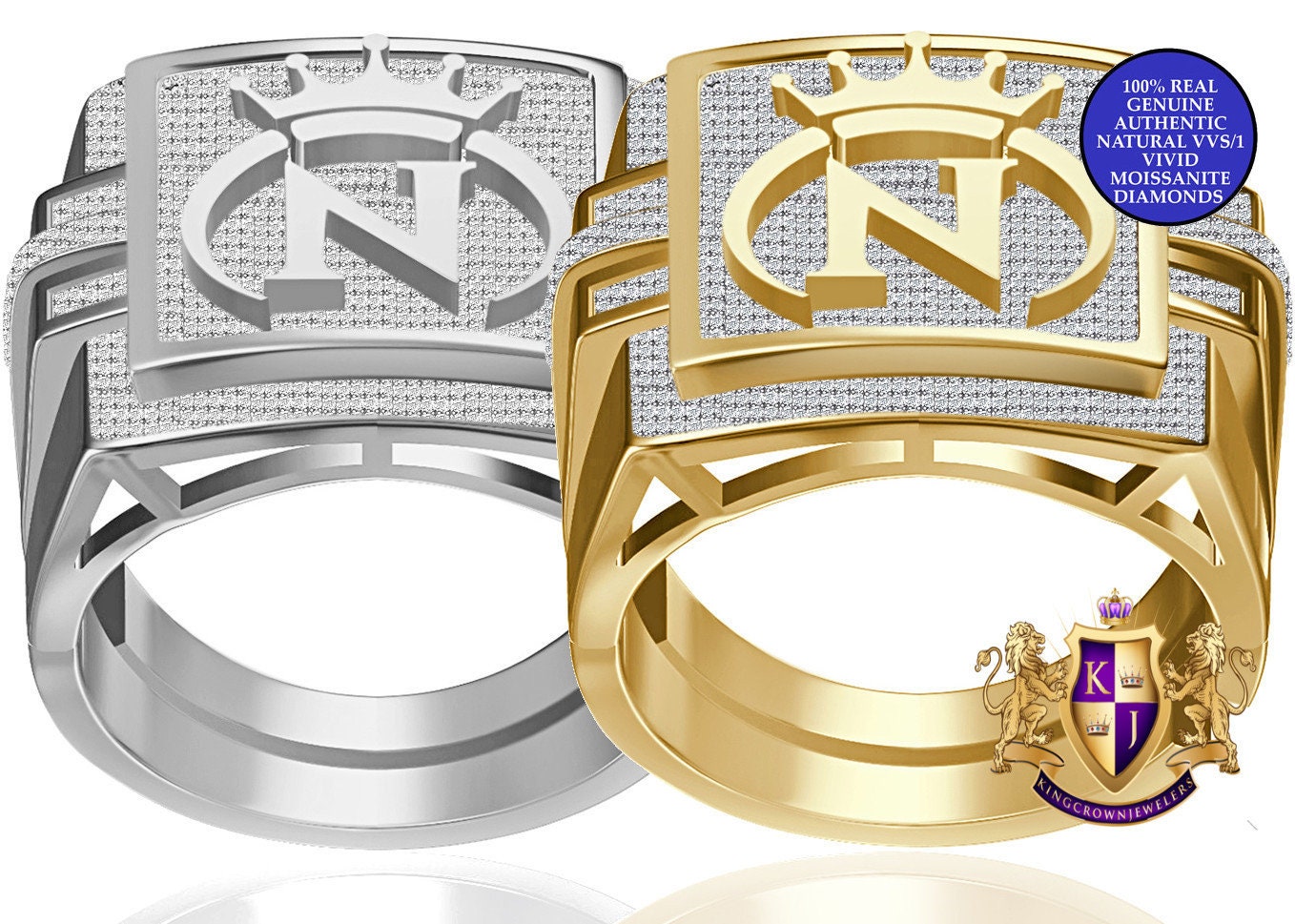 Men's Genuine Authentic 1.25 Cwt. VVS1 Natural MOISSANITE Diamond Initial Letter Alphabet "N" Royal King Crown Face Ring 10K Gold Over Band