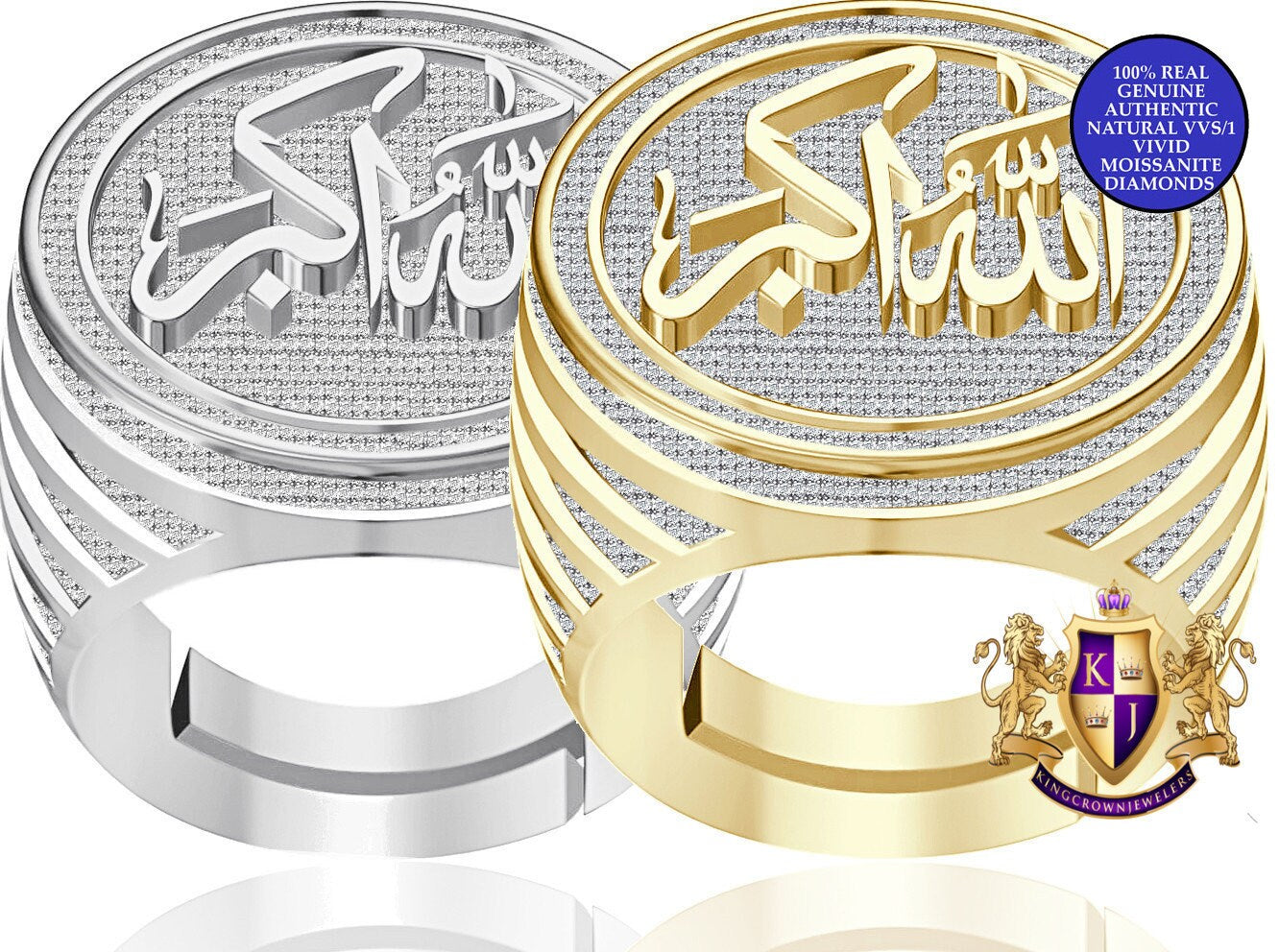 Real Genuine 1.75 Cwt. VVS1 Natural MOISSANITE Diamond Allah God Muslim Islamic Arabic Ring 10K Solid Gold Over Men's Band (Adjustable Size)