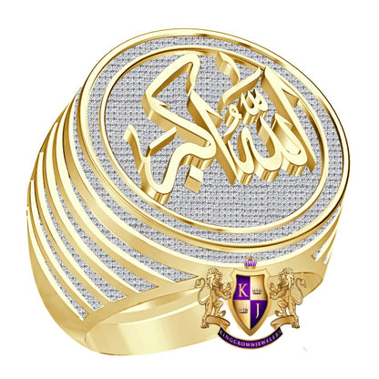Real Genuine 1.75 Cwt. VVS1 Natural MOISSANITE Diamond Allah God Muslim Islamic Arabic Ring 10K Solid Gold Over Men's Band (Adjustable Size)