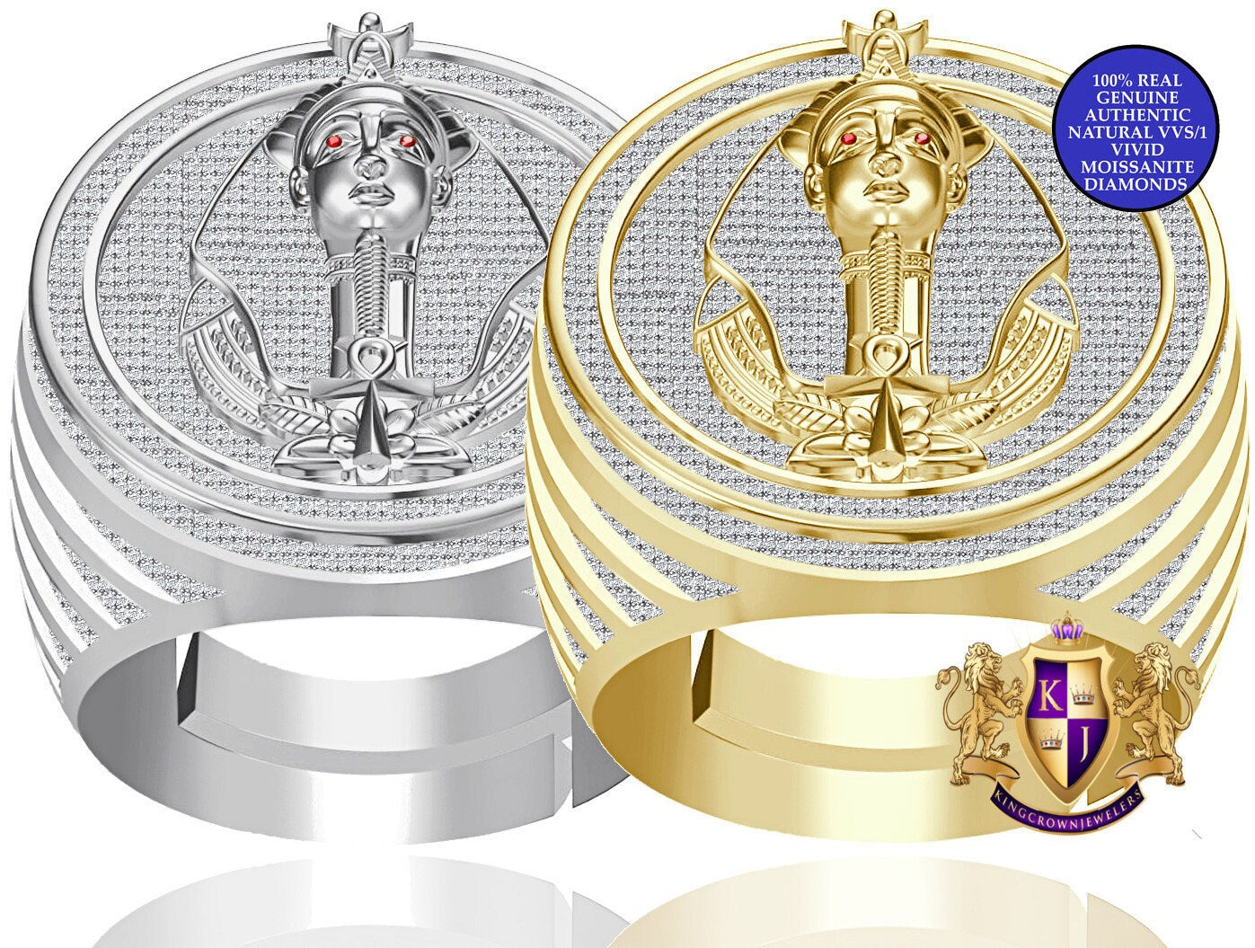 Men's Real Genuine 1.75 Cwt. VVS1 Natural MOISSANITE Diamond Egyptian King Tut Pharaoh Ankh Cross Ring 10K Solid Gold Over Band Big 22mm