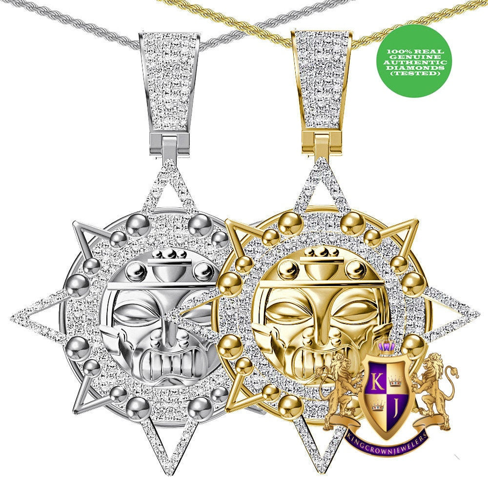 Real Genuine Authentic Diamond 0.90 Cwt. 22+ Grams Ancient Mexican Aztec Sun God Mayan Calendar Mayan Oro Azteca Pendant Charm Chain Set