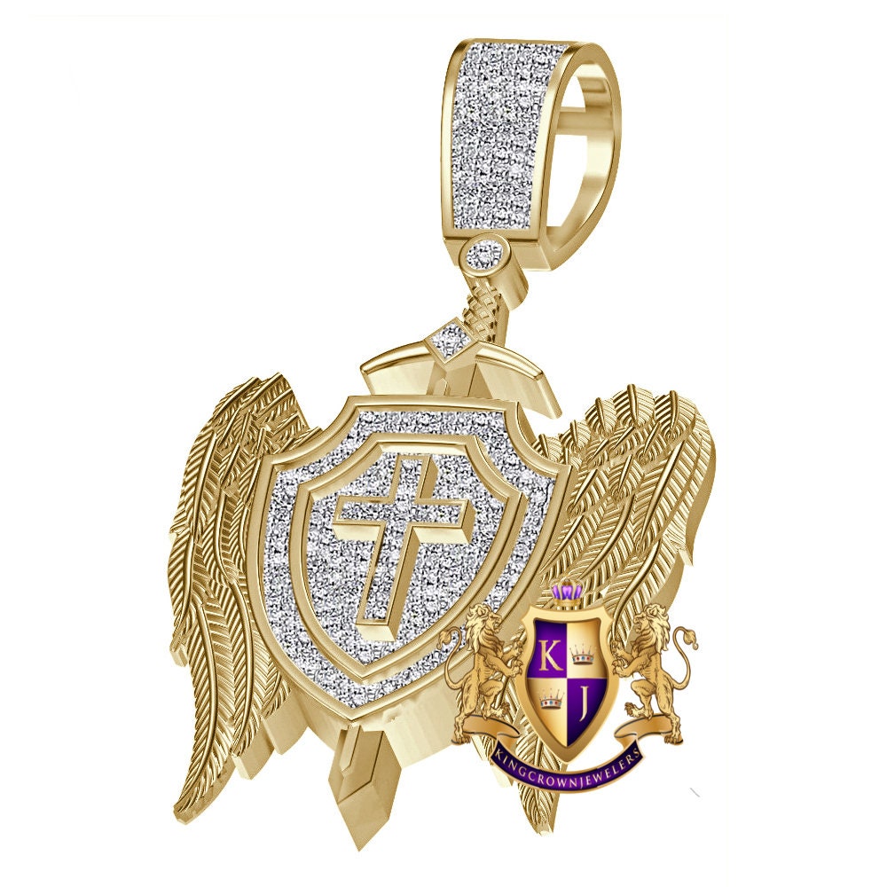 Real Genuine Diamond 0.61 Cwt. 20+ Grams Saint Michael Archangel Cross Shield Sword Wings Charm 10K Solid Gold Over Pendent Chain Set 2''