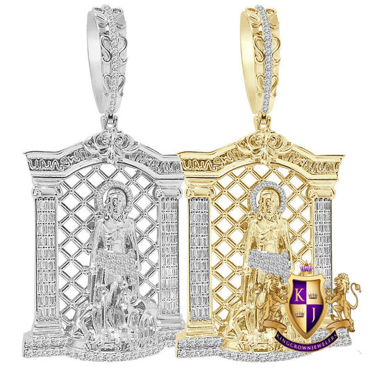 40+ Grams Big XL 3.80''  Baguette/Round Cut 2.75 Ctw Simulated Diamond Saint Lazarus My Savior Heaven Gate 14K Gold Over Men's Pendant Charm
